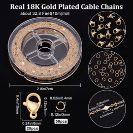 Beebeecraft 32.8 Feet (10 m) 18 Carat Gold-Plated Rhombus Link Chains with 20 Lobster Clasps and 50 Jump Rings for Making Necklace Earrings