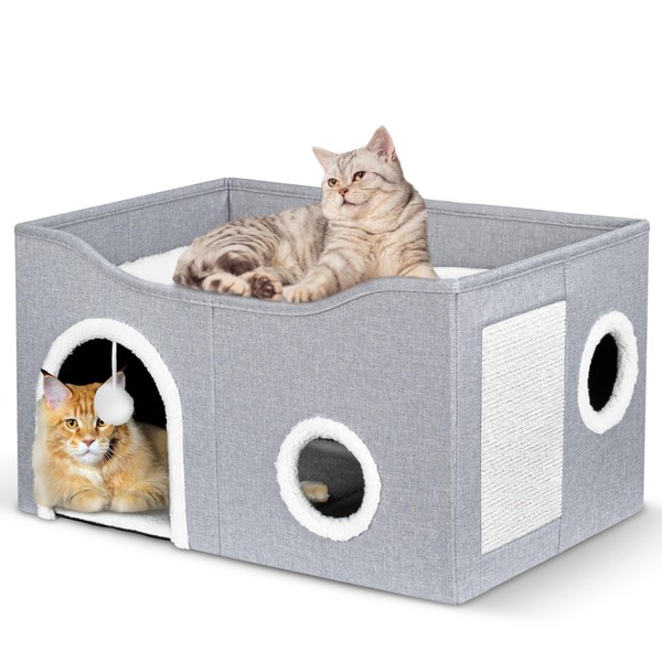 Heeyoo Cat House for Indoor Cats - Large Cat Bed Cave with Fluffy Ball and Scratch Pad, Foldable Cat Houses & Condos, Cat Cubes, Cat Hideaway, Covered Cat Bed for Multi Small Pet Large Kitty