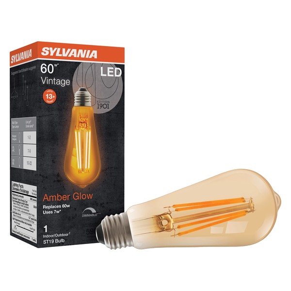 SYLVANIA LED Vintage ST19 60W Equivalent, Efficient 7 W, E26 Medium Base, Dimmable 2175K Amber Glow Light Bulb, 1 pack