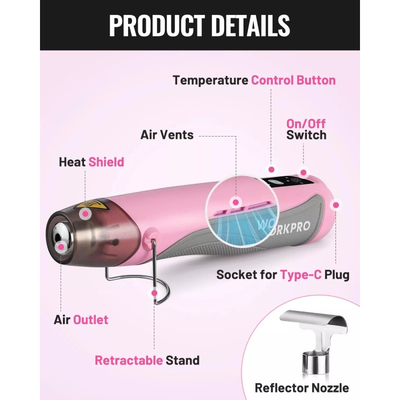 WORKPRO 7.2V Mini Cordless Heat Gun 680℉ Hot Air Gun