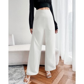 Promover Petite Dress Pants Womens Wide Leg Lounge Pants Stretch Yoga Casual Pants with Pockets High Waist Trouser Pants(White,M,29")