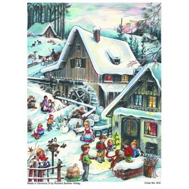 Advent Calendar 24 Doors 297 x 210 mm - Snow Scene Traditional Village - with Glitter and Translucent Windows - RS804 - Traditional Antique German Design