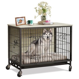 Dog Crate Furniture for Small Dogs, 27.2" L x 20.1" W x 23.6" H Indoor Kennel with Double Doors, Wheels & Removable Tray, Sturdy Dog Cage with Easy Assembly, Rustic Grey