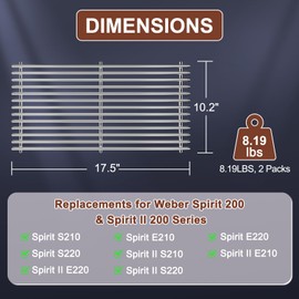 QuliMetal 7MM 304 Stainless Steel Grates for Weber Spirit E-210, Spirit 200, GS4 Spirit II 200, Spirit II E-210 Series Grills (Front-Mounted Control), Grill Parts for Weber Spirit 7637, 17.5 Inch