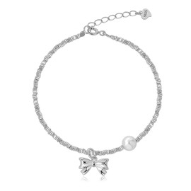 Meissa Silver Bracelet for Women Girls Dainty Ribbon Bow Beaded Bracelet with Freshwater Pearl Handmade Sterling Silver Pearl Bracelet for Her, Silver
