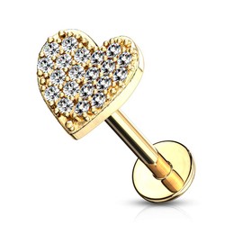 PiercedOff Gold Tone 316L Surgical Steel Labret with Clear CZ Paved Curved Heart - Length 8mm Width 1.2mm