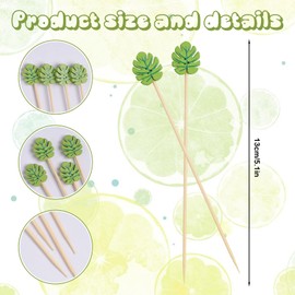 100 Pcs Green Monstera Leaf Cocktail Picks 5 Inch Long Handmade Wooden Bamboo Disposable Toothpicks for Hawaiian Summer Tropical Party Appetizers Decorative Food Drinks Garnish Fruit Skewer Sticks