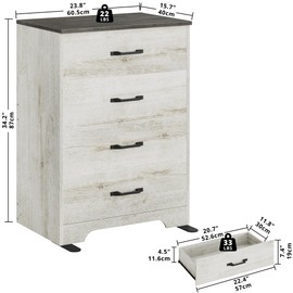 LIKIMIO 34.2" Tall 4 Drawers Nightstand, Modern Wood Bedside Table with Storage Cabinet, Small Dresser Chest of Drawers, Rustic White, Bedroom