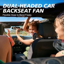 USB Car Fan for Backseat, Dual Head Car Cooling Fan, 2 LED Lights 3 Speeds 360° Rotatable Quiet Brushless Motor for Front/Rear Passengers Kids and Dogs, Electric Air Circulation Fan for RV SUV Truck