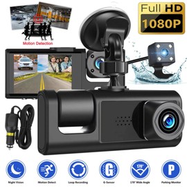1080P High-Definition Dash Camera, Three-Way Camera, Large Wide Angle, Indoor and Outdoor Recording in Car with Picture-in-Picture, Easy Installation, Support Multiple Languages
