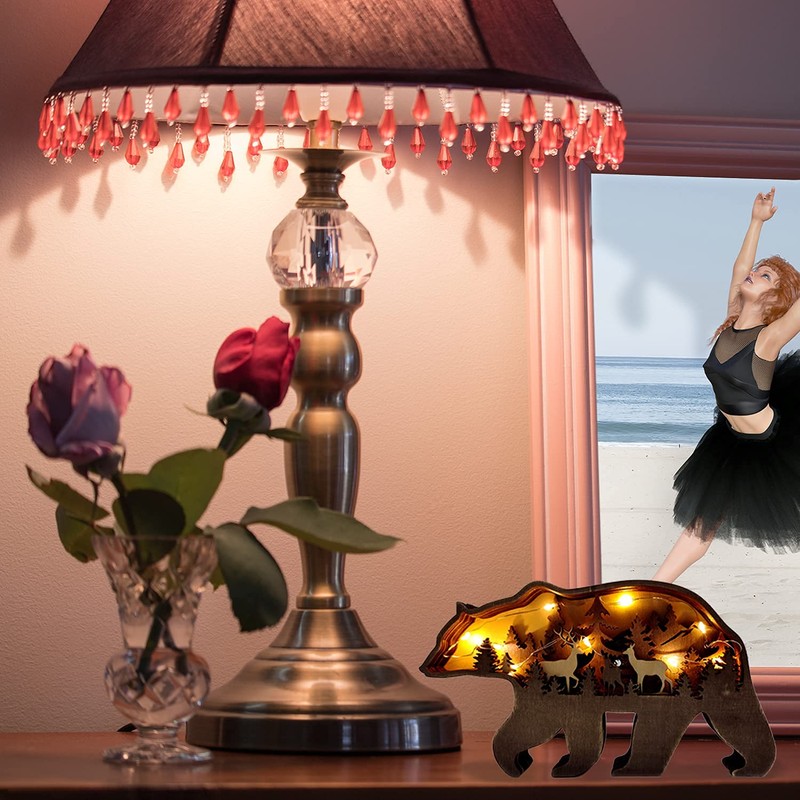 Zagxuade Wooden Brown Bear Decor with Light, Forest Animals Table