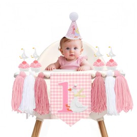 One Silly Goose Birthday Party Decor for Girl Pink Set,Goose High Chair Banner,1st Birthday Party Hat,Silly Goose Cupcake Topper for Baby Shower Decorations
