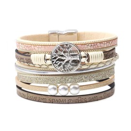 KunBead Wide Leather Wrap Bracelets for Women Family Tree Braided Boho Multi-Layer Bracelet Wristband Cuff Bangle Birthday Jewelry