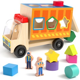 Coogam Wooden Truck Shape Sorting Toy, Color Shape Matching Game with 2 Play Figures, Baby Toddler Fine Motor Montessori Learning Gift for 2 3 4 Year Old