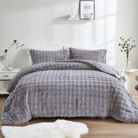 Bedbay Faux Fur Comforter Set Queen Size Plush Grey Fluffy Comforter Luxury Rabbit Fur Fuzzy Furry Bedding Set 3 Pieces Soft Warm Shaggy Velvet Reversible Quilt Duvet Set for Boys Girls Kids