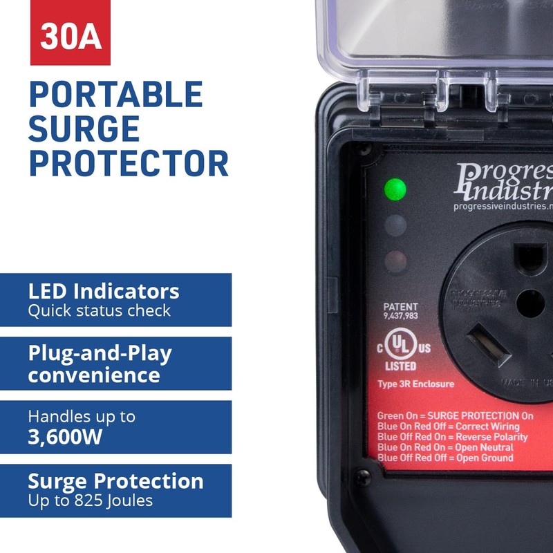 Progressive Industries SSP-30XL Portable RV Smart Surge Protector, Black, 30