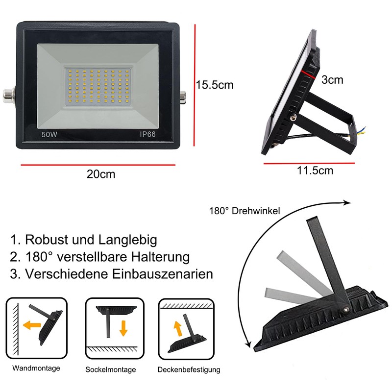 Hopelit 50 W LED Outdoor Spotlight with 3 Metre Plug,