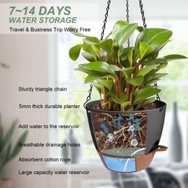 Vanslogreen 8 Inch Hanging Planters for Indoor Outdoor Plants, 2 Pack Self Watering Hanging Pot with Drainage Holes & Removable Tray Hanging Baskets Flower Pots for Garden Home (Black)