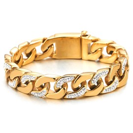 COOLSTEELANDBEYOND Men’s Stainless Steel Gold Color Curb Chain Bracelet High Polished with Cubic Zirconia