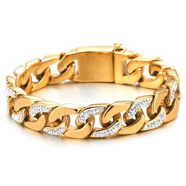 COOLSTEELANDBEYOND Men’s Stainless Steel Gold Color Curb Chain Bracelet High