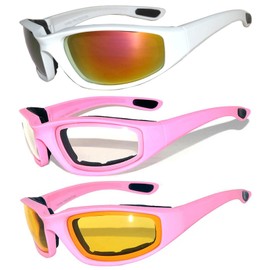 3 pairs of Womens Pink Padded Foam Motorcycle Biker Glasses Goggles 99% UV protection (MP-3pairs-Clear-Silver-Yellow, Colored)