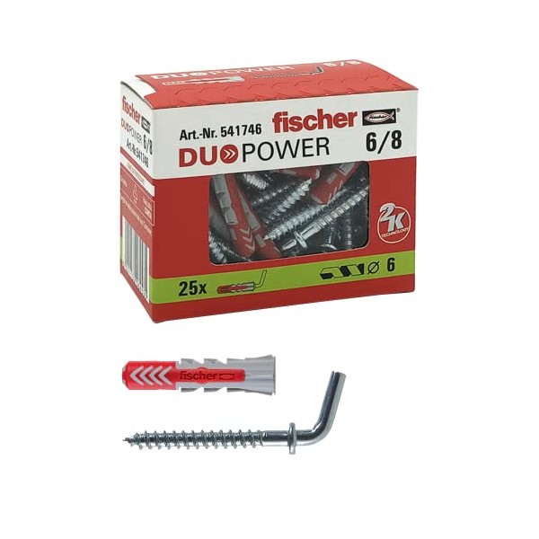 Fischer 25pcs Duopower Dowels with Short Hook 6 x 30 mm for Solid Walls, Hollow Brick, Drywall, 541746