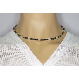 Haematin Jewellery Necklace Haematin Necklace with Quartz Crystal Cube Clasp 925 Sterling Silver Model Number 7035, Gemstone, Hematite