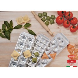 Imperia Ravioli Maker Set- Includes 3 Trays & Wooden Rolling Pin- Pasta Machine Accessory for Filled Ravioli- Durable Aluminum Construction- Press Makes 3 Different Shapes- Homemade Italian Cooking