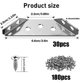 Xmart Pack of 30 Corner Connectors Thickness 1.6 mm Triangle Shape Corner Clamp Universal Stainless Steel Triangle Support with 180 Screws for Reinforcement and Repair Wooden Shelves Cabinets Tables