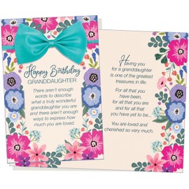Chuck's Card-O-Rama Birthday Card For Granddaughter - Large Card Opens To 10″ × 7.75″ - Lovely lavender and purple flowers topped off with a gorgeous teal ribbon and bow - MADE in USA D#95366