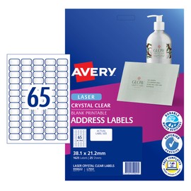 Avery Printable Blank A4 Adressing Labels, 38.1 x 21.2 mm, Clear, 1625 Customisable Labels (959022)