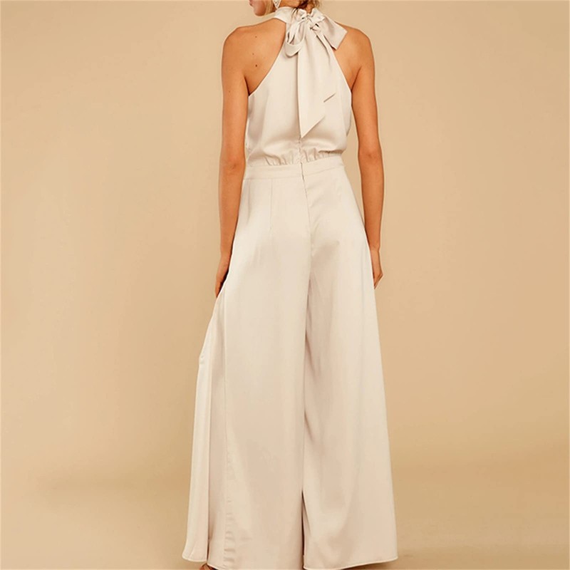 Women Plain Satin Jumpsuit Elegant Summer Halter Off Shoulder Jumpsuit