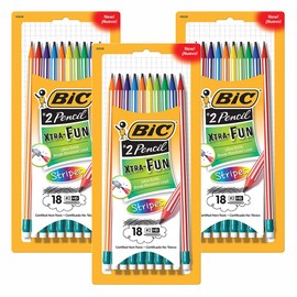 54 x Bic Xtra-Fun Stripes Pencils with Eraser, #2 HB Break-Resistant Lead, Assorted Stripe Colour Barrels - Perfect for Art, Drawing & Writing at Home, School & Office