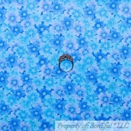 Signature BonEful Fabric FQ Cotton Quilt VTG Blue Teal Aqua Calico Small Flower Tone Tonal