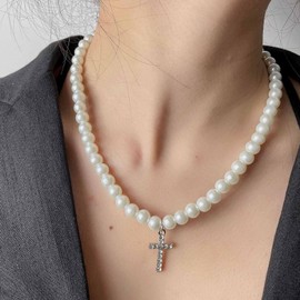 Inateannal Vintage Pearl Necklaces Silver Cross Pendant Necklaces White Pearl Necklace CZ Cross Choker Necklace Jewellery for Women and Girls
