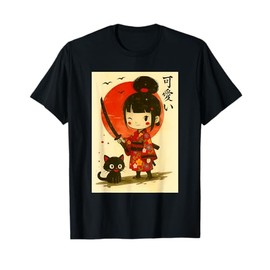 Cute Samurai Girl with Katana & Cat Japan Anime T-Shirt T-Shirt