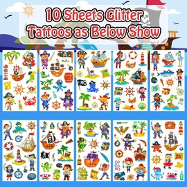 Leesgel 125 Styles Pirate Glitter Tattoos for Kids, Pirate Stickers, Temporary Tattoos for Boys Pirate Party Decorations Bag Fillers, Pirate Accessories Toys Favours for Children Birthday Supplies