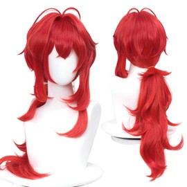 LABEAUTÉ Red Cosplay Wigs Anime Long Curly Fluffy Wig with Ahoge Hair Bangs+ Free Cap