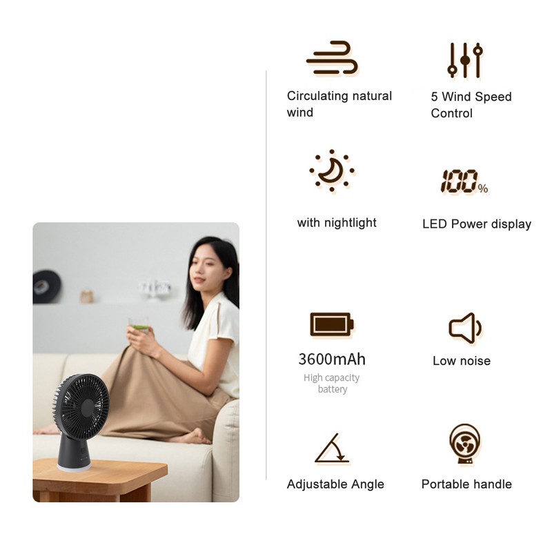 Desktop Fan Portable 5 Speed Power Display Quiet USB Rechargeable