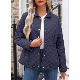 Dokotoo Womens Quilted Jackets Blue Long Sleeve Puffer Fall Jacket Casual Thicken Button Down Lightweight Winter Outerwear Coats for Women 2025 Trendy Small