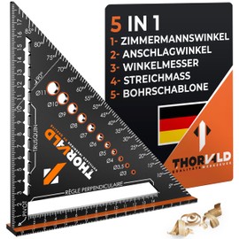 THORVALD 5-in-1 Carpenter's Square Protractor Try Square - Aluminium Angle with 180 mm Side Length for Precise Marking & Drawing/Multifunctional Christmas Gifts for Men