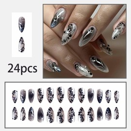 24Pcs Almond Press on Nails Medium Fake Nails Silver Heart 3D Rhinestones Designs False Nails Pearl Rhinestones Full Cover Glossy Silver Lines Heart Stick on Nails Acrylic Nails for Women Girls