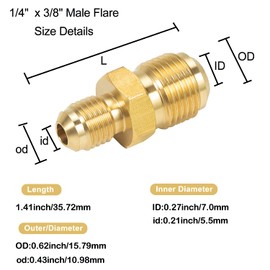 Breezliy 2 PCS Brass Tube Coupler Pipe Flare Fitting Union Connector Gas Adapter 3/8" Male Flare x 1/4 Inch Male Flare