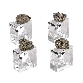 AMOYSTONE 4Ppcs Square Glass Napkin Rings Crystal Napkin Holder Decorative Unpolished Natural Pyrite