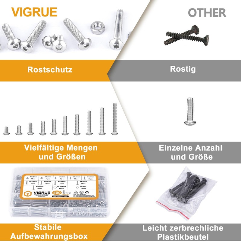VIGRUE 400 Pieces M4 Screws Set, Stainless Steel 304 Screws