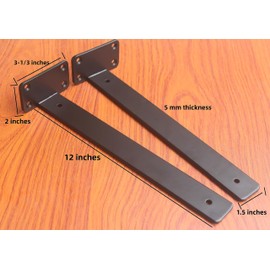 12 Pack - 12 inch Black Hidden L Shelf Bracket (1/5 Inch Thicked) Iron Floating Shelf Brackets Rustic Industrial Metal Brackets for Shelf Support