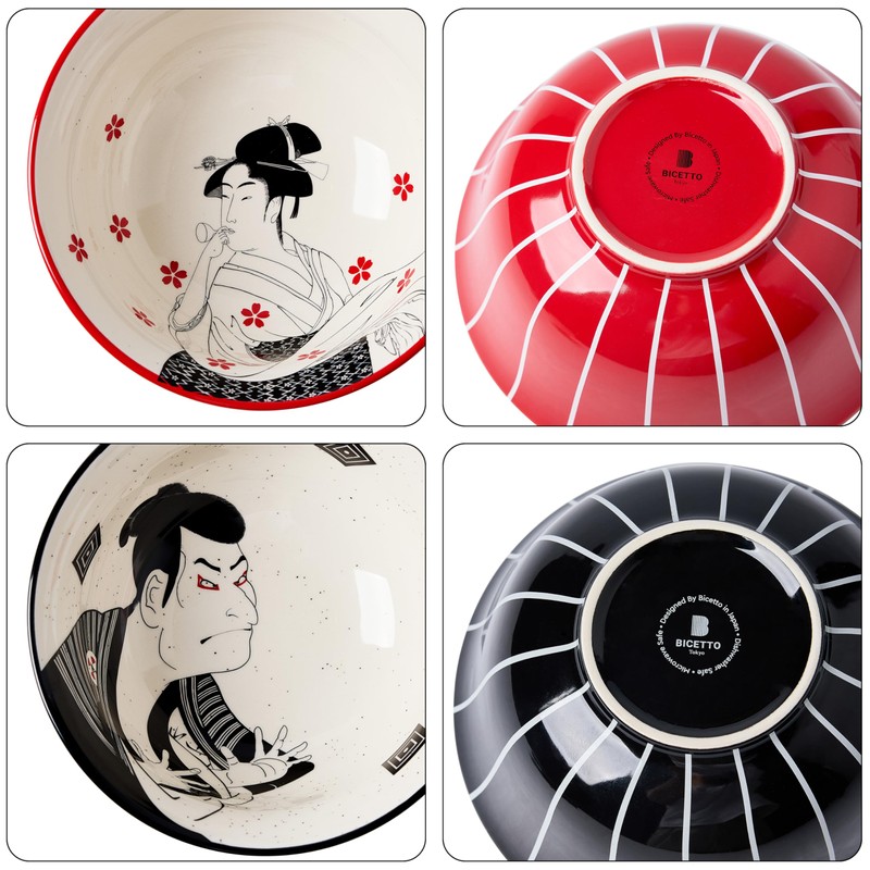 BICETTO Ramen Bowl Set 45oz, 8inch, Japanese Ukiyo-e Design -