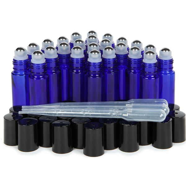 Vivaplex, 24, Cobalt Blue, 10 ml Glass Roll-on Bottles with Stainless Steel Roller Balls. 3-3 ml Droppers included