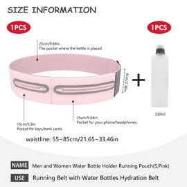 Running Belt with Bpa-Free Water Bottle Adjustable Hydration Belt for Men and Women with 3 Zippered Pockets and 360° Reflective Stripes for Running Hiking Marathon Travel (S,Pink)