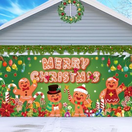 Christmas Garage Door Decoration, Gingerbread Candy Merry Christmas Garage Door Banner Cover Garage Backdrop for Xmas Holiday Outdoor Wall Decor Xmas Party Banner for Garage 7 x 16 ft